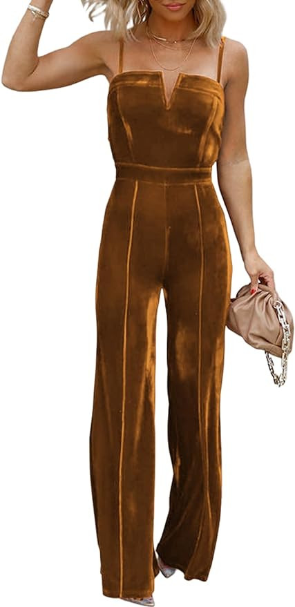 BLENCOT Sleeveless Velvet Jumpsuits For Women V Neck Spaghetti Straps Wide Leg Long Pants Dressy ... | Amazon (US)