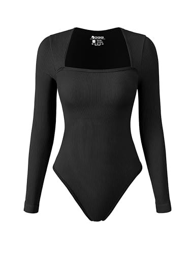 OQQ Women's Bodysuits Sexy Ribbed Square Neck Long Sleeve Tummy Control Casual Fall Bodysuits Black | Amazon (US)