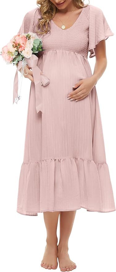 KIM S Boho Flutter Short Sleeve Maternity Dress(S-2XL)/V-Neck Smocked Midi Dresses Baby Shower Ca... | Amazon (US)