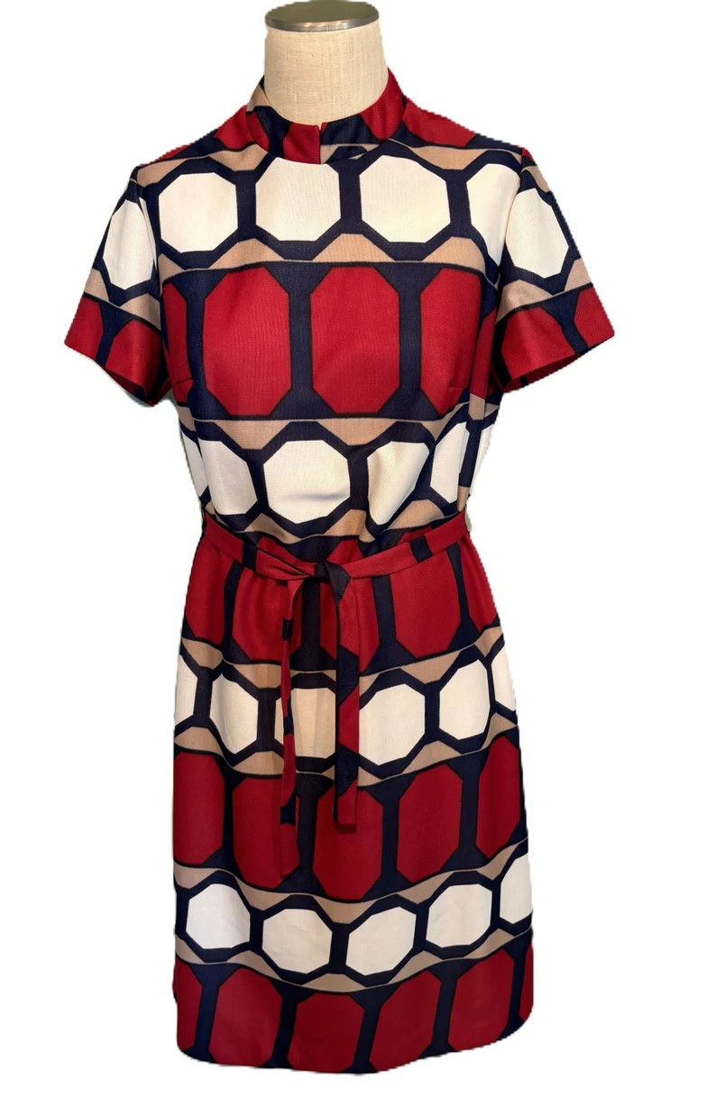 Fun Vintage 70s Parkshire Red Blue Geometric Print Short Sleeve Belted Shift Dress Tag Size 18 Bu... | Etsy (Global)
