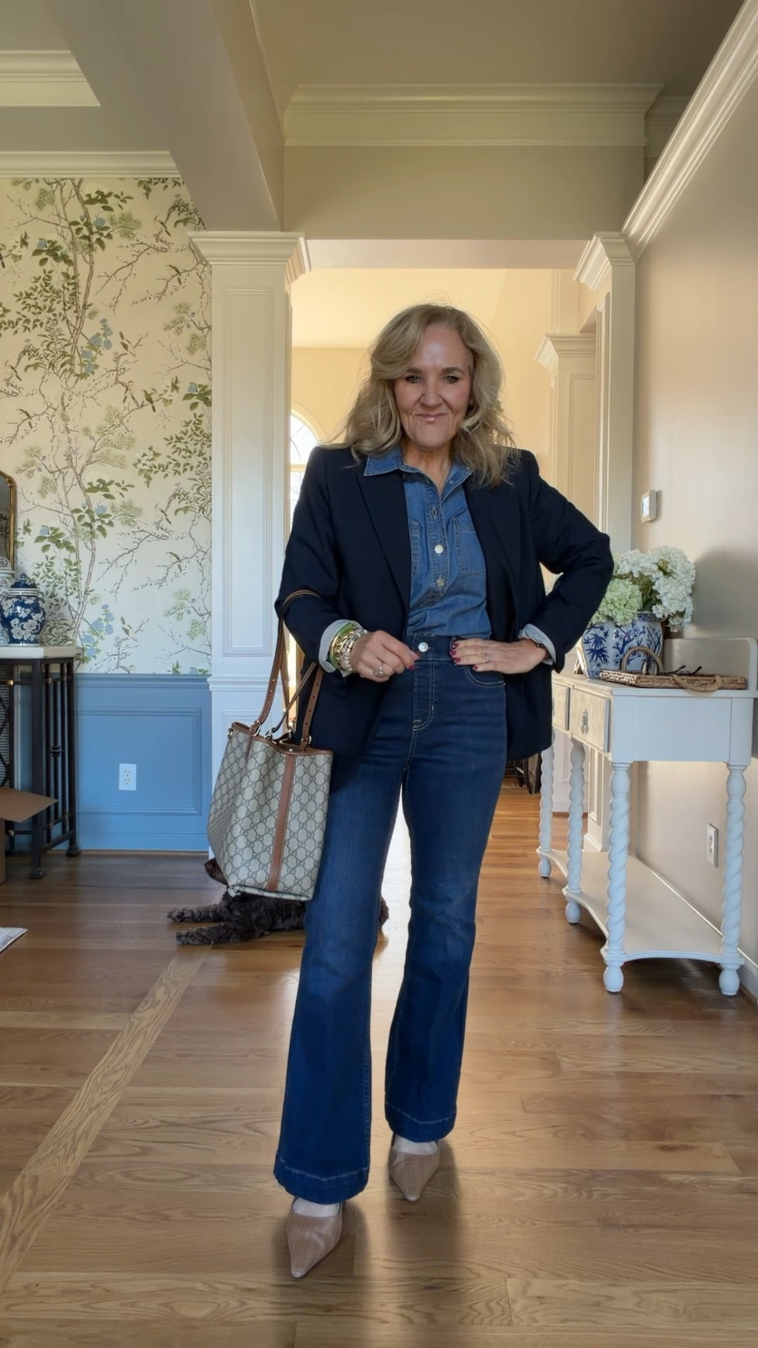 Denim on denim! 
Spanx flares size up if inbetween i’m wearing a medium petite
Denim pop over blouse you can wear packed or untucked wearing a medium petite
My favorite navy blazer size 10 petite
20% off bracelets code NANETTE20

#LTKOver40 #LTKPetite #LTKWorkwear