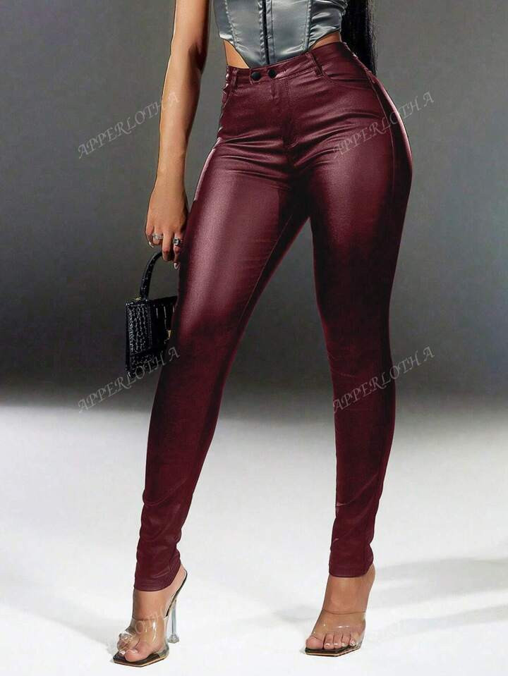 Apperloth A Street High Waist Slant Pocket Double Button PU Leather Skinny Stretchy Tapered Pants... | SHEIN