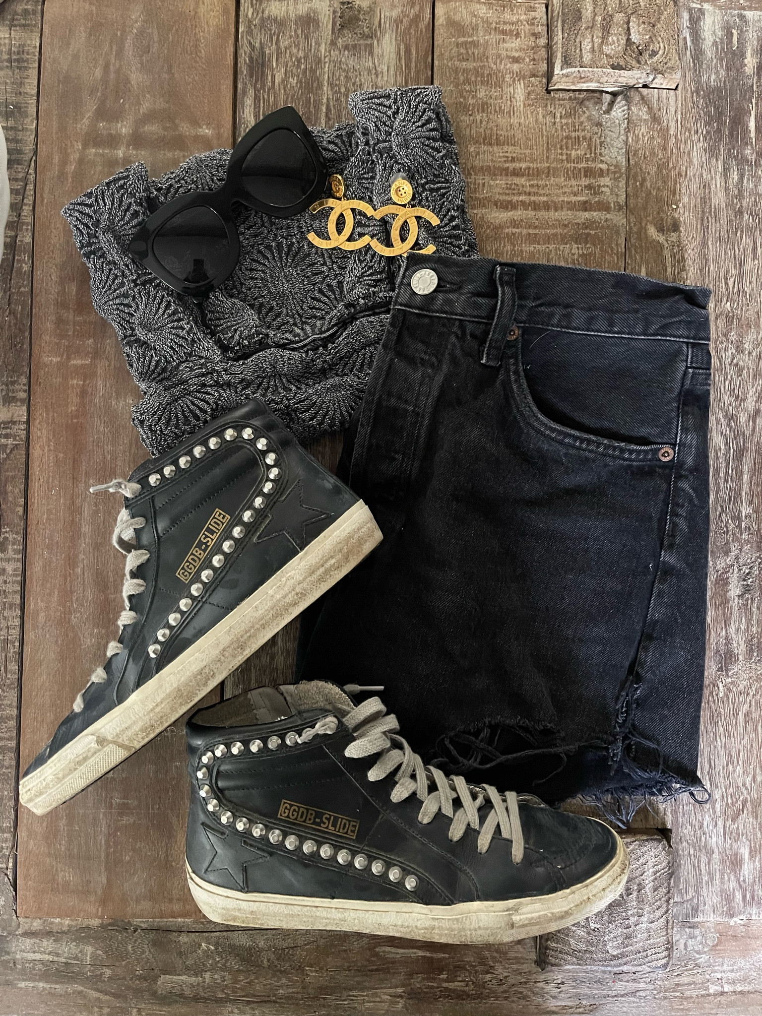 Casual spring outfit. Free people too. Agolde Parker denim shorts. Agolde black shorts. Celine sunglasses. Chanel earrings. Golden Goose sneakers. Golden Goose high tops. Golden Goose midstar sneakers. ❤️ 

#LTKstyletip #LTKFind #LTKshoecrush