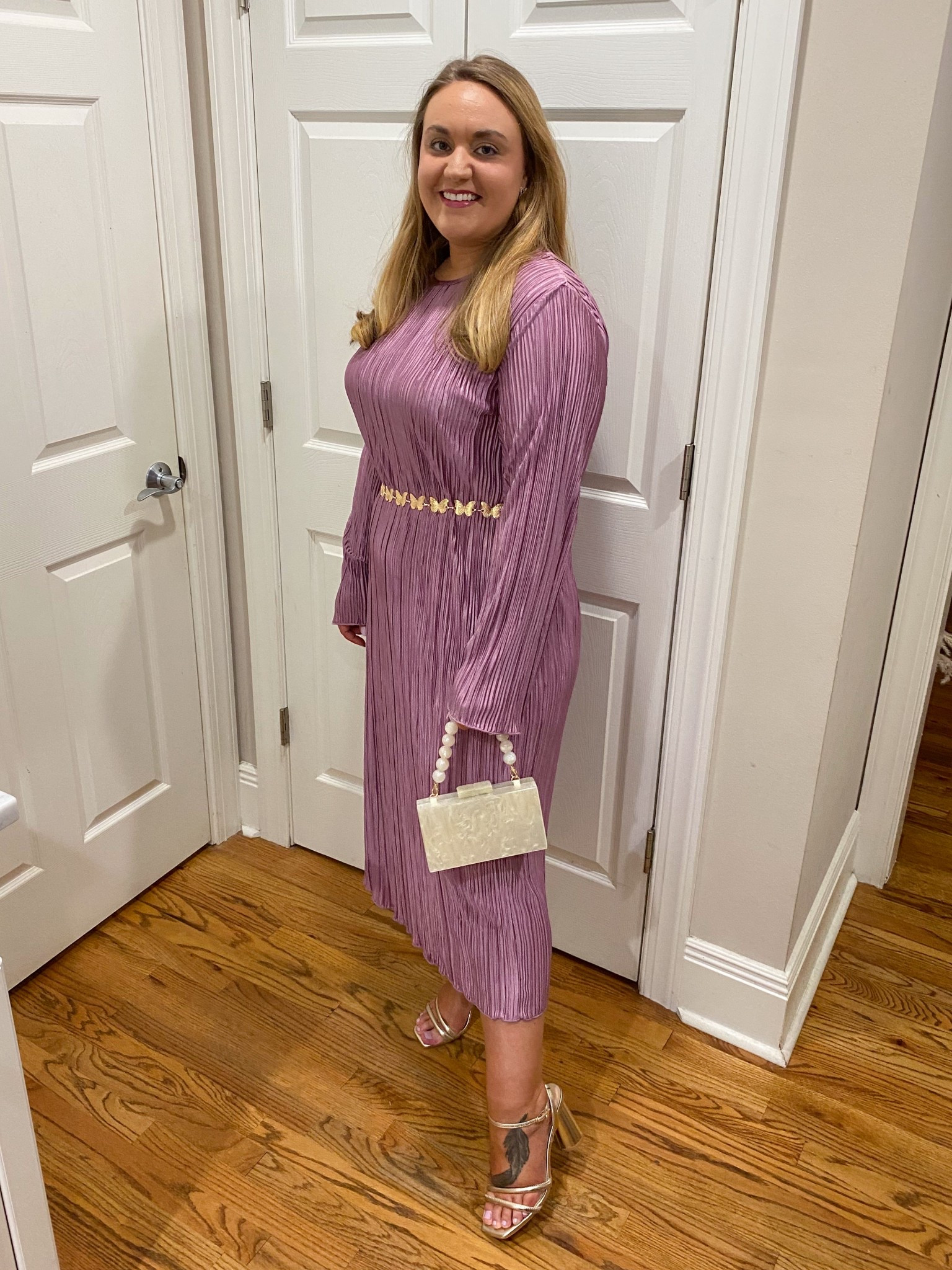 wedding guest dress, church dress, purple dress, midi dress, gold sandals, heeled sandals, butterfly belt, gold chain belt, pearl handbag, pearl bag, Amazon dress, spring dress, gold butterfly belt

#LTKShoeCrush #LTKFindsUnder50 #LTKWedding