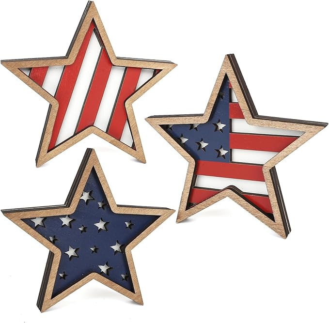 COCHIE 4th of July Decorations Wooden Stars, Patriotic Memorial Day Star Tiered Tray Decor Set of... | Amazon (US)