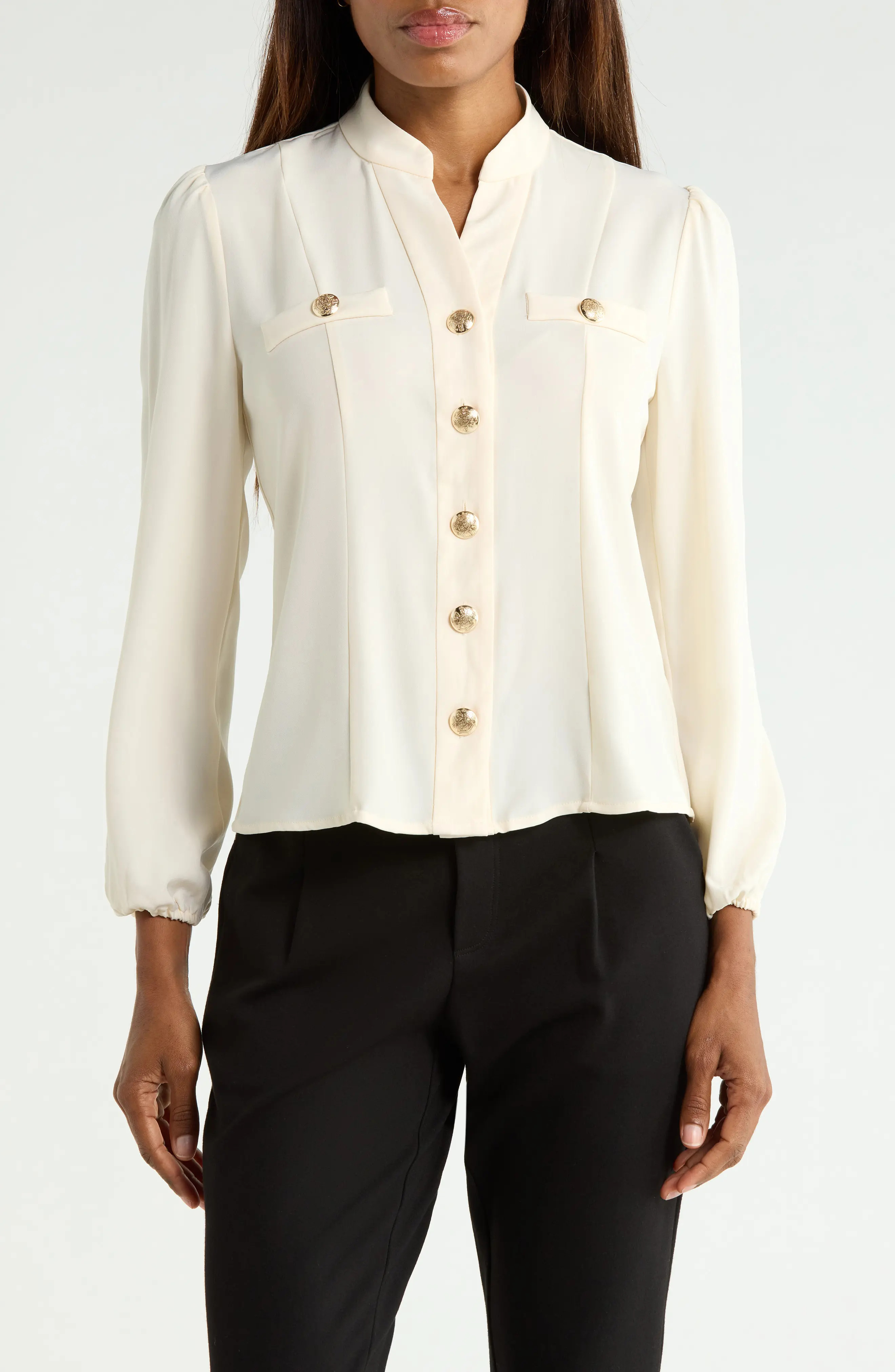 T Tahari Stand Collar Button Front Shirt in Ivory at Nordstrom Rack, Size Medium | Nordstrom Rack