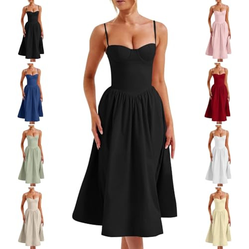 Corset Dress for Women Spaghetti Strap Bustier Mid Low-Cut Suspender Dress Flowy Pleated Hem Corset Sundress with Pockets Black | Amazon (US)