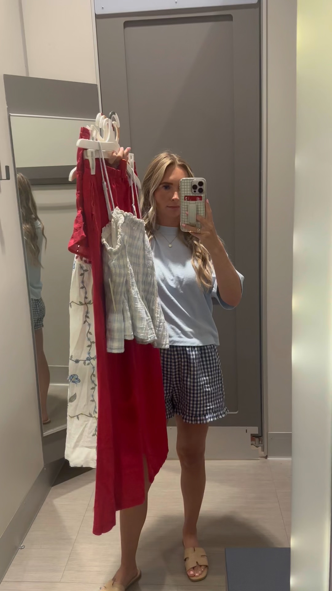 XS in dress 
Small red top (but need to size down) 
XS red pants 
Medium blue top (could do smaller)