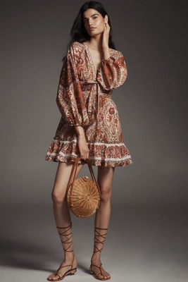 Farm Rio Romantic Nature Multicolor V-Neck Puff-Sleeve Mini Dress | Anthropologie (US)