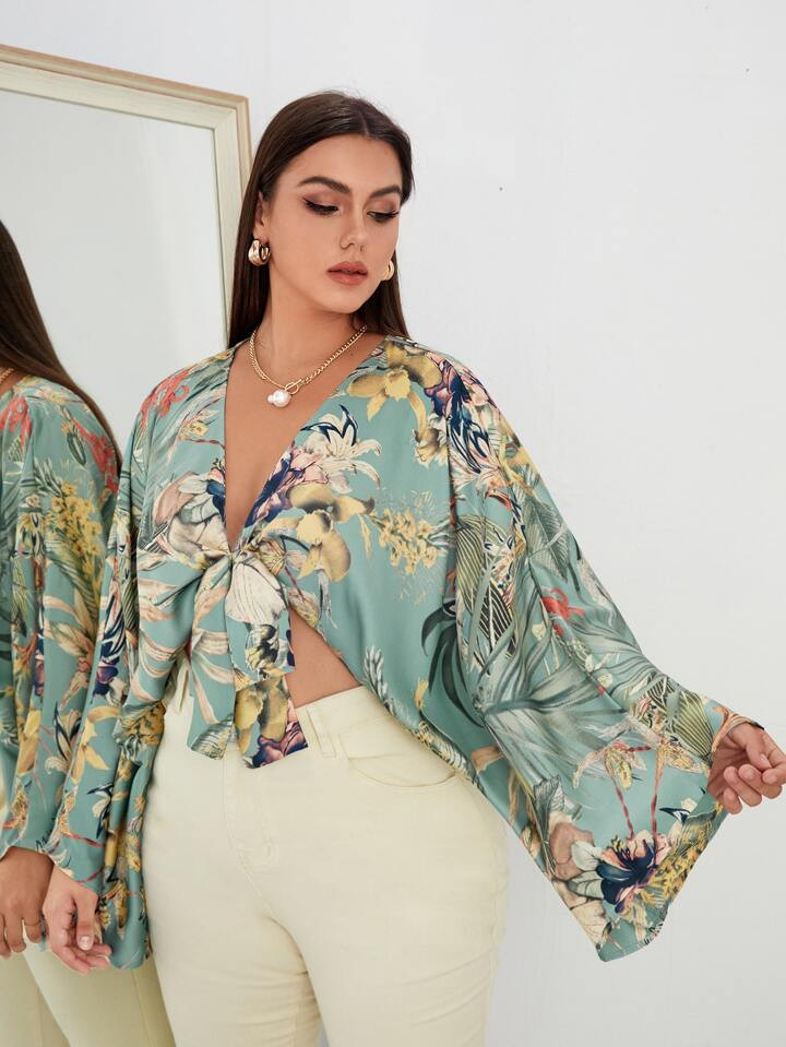 SHEIN Swim Vcay Plus Plant Print Knot Front Kimono | SHEIN