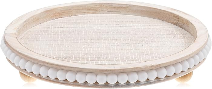 12 Inch White Wood Beaded Decorative Tray for Coffee Table, Kitchen, Dining Table, Entryway - Rus... | Amazon (US)