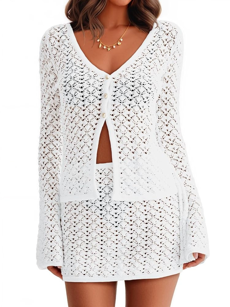 Fisoew Womens Crochet 2 Piece Cover Up V Neck Bell Sleeve Button Cardigan Sheer Mesh Beach Mini S... | Amazon (US)