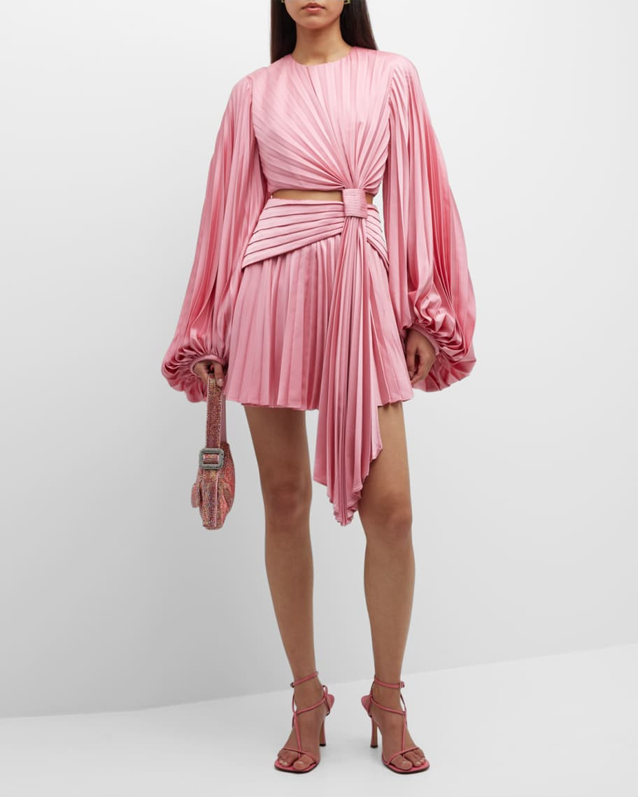 Ashcroft Pleated Long-Sleeve Cut-Out Mini Dress | Neiman Marcus