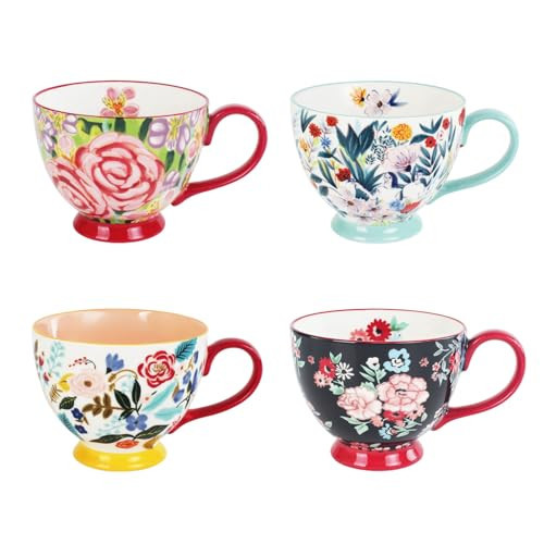 jinsongdafa A 4-piece teacup set, 14oz hand-painted floral ceramic teacups large capacity with handles, suitable for afternoon tea, parties, breakfast, etc a housewarming gift or wedding gift. (Set 1) | Amazon (US)