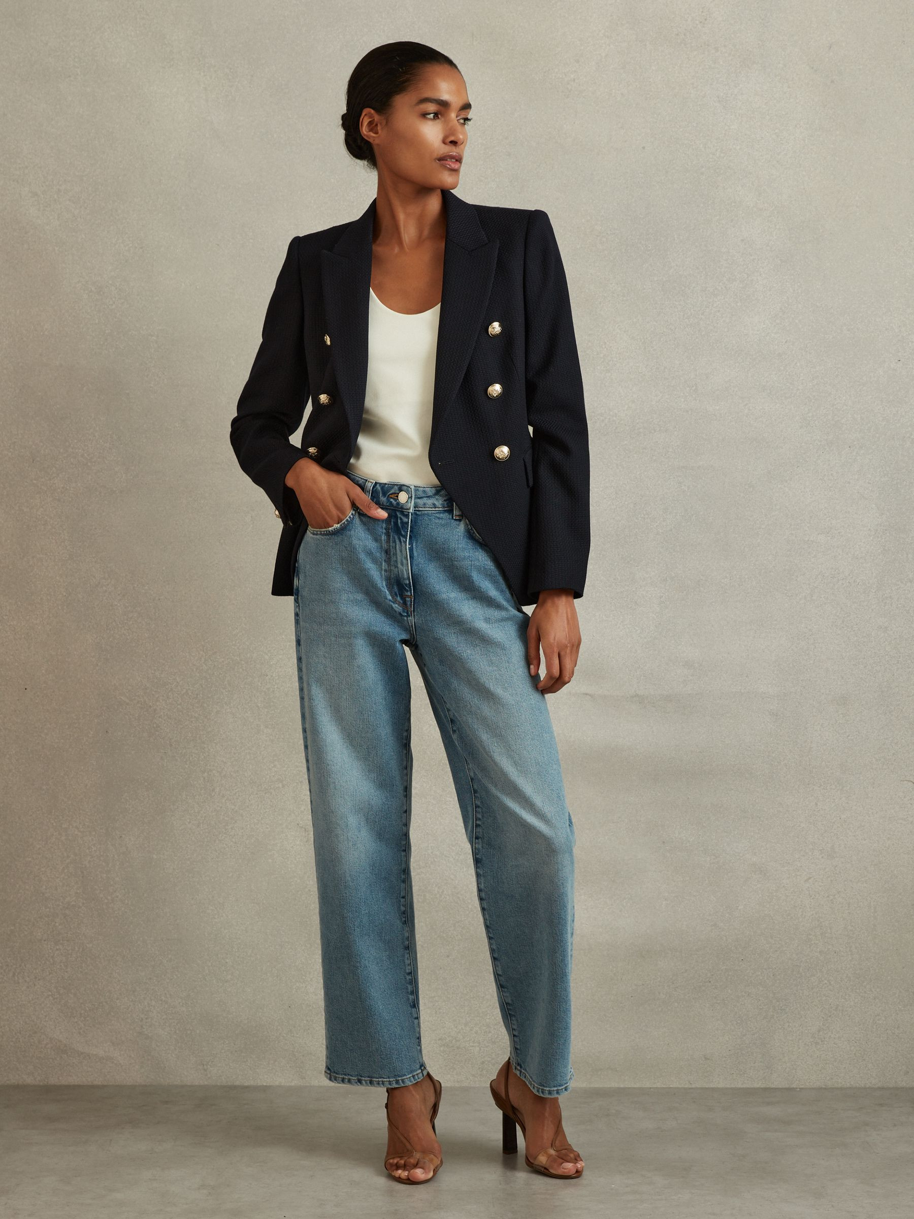 Tailored Fit Textured Double Breasted Blazer in Navy | Reiss US