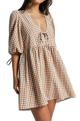 Women's Gingham Puff Sleeve Tie Front Babydoll Mini Dress | Amazon (US)