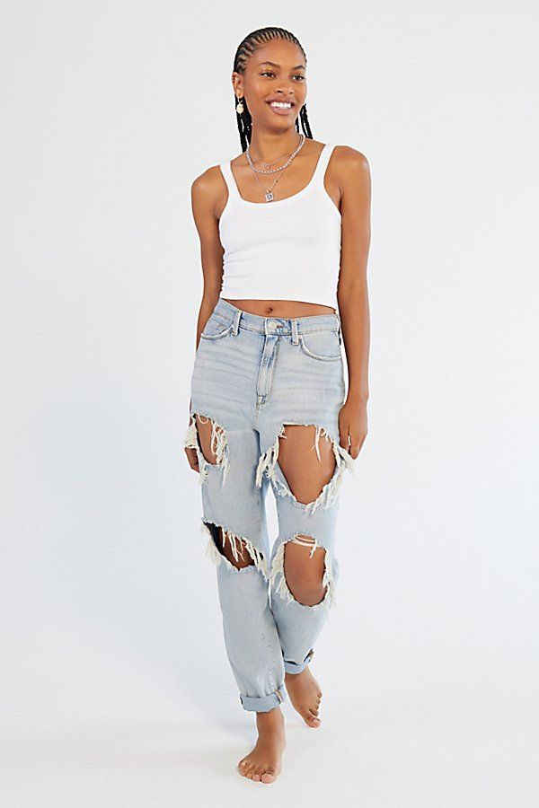 BDG Mom Destroyed Jean - Light Wash - Blue 24 W at Urban Outfitters | Urban Outfitters (US and RoW)