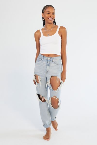 BDG High-Waisted Mom Jean - Destroyed Light Wash - Blue 24 at Urban Outfitters | Urban Outfitters (US and RoW)