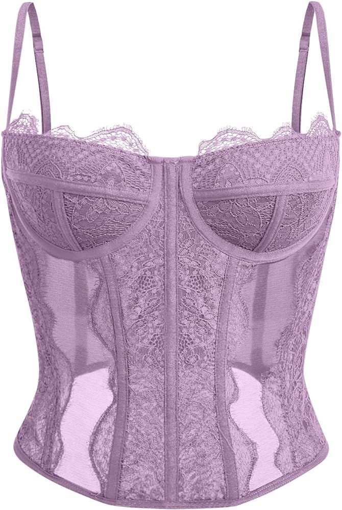 Dealmore Womens Lace Mesh Sexy Vintage Spaghetti Strap Open Back Boned Corset Going Out Party Top | Amazon (US)