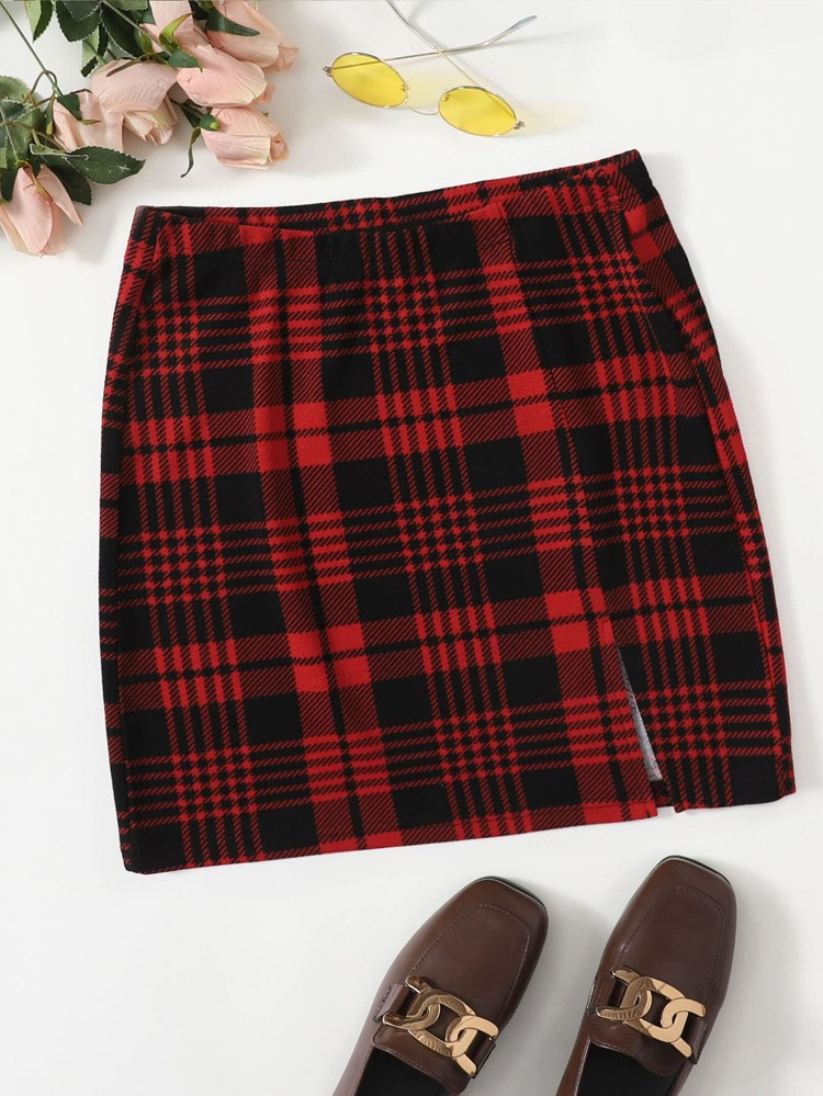 SHEIN Felegant Slit Hem Plaid Skirt | SHEIN