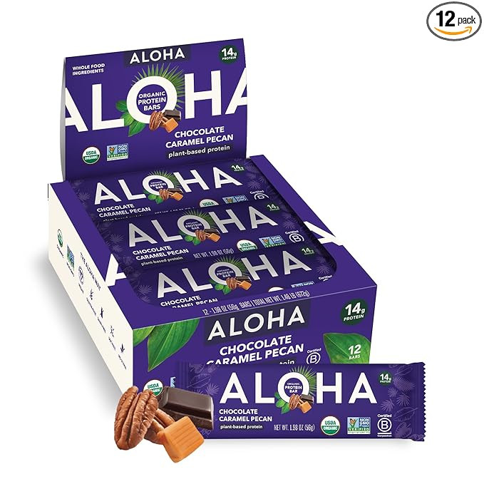 ALOHA Organic Plant Based Protein Bars | Chocolate Caramel Pecan | 12 Count, 1.98oz Bars | Vegan,... | Amazon (US)