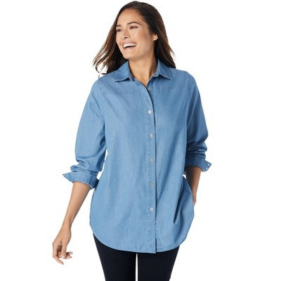 Woman Within Women's Plus Size Classic Long-Sleeve Denim Shirt - M, Light Stonewash | Target