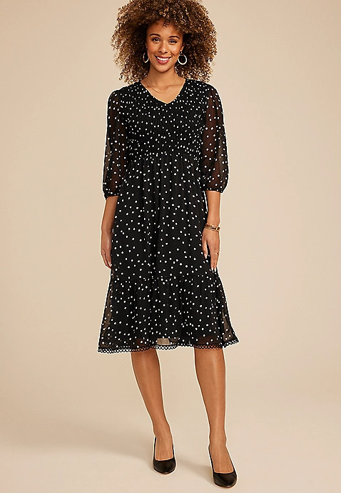 Black Polka Dot Smocked Midi Dress | Maurices