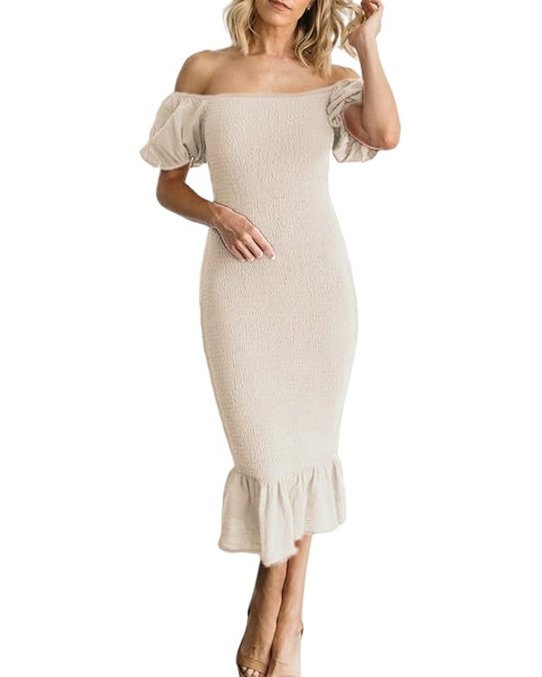 BerryGo Women's Smocked Bodycon Off Shoulder Puff Short Sleeve Mermaid Dress Ruffle Shirred Party... | Amazon (US)