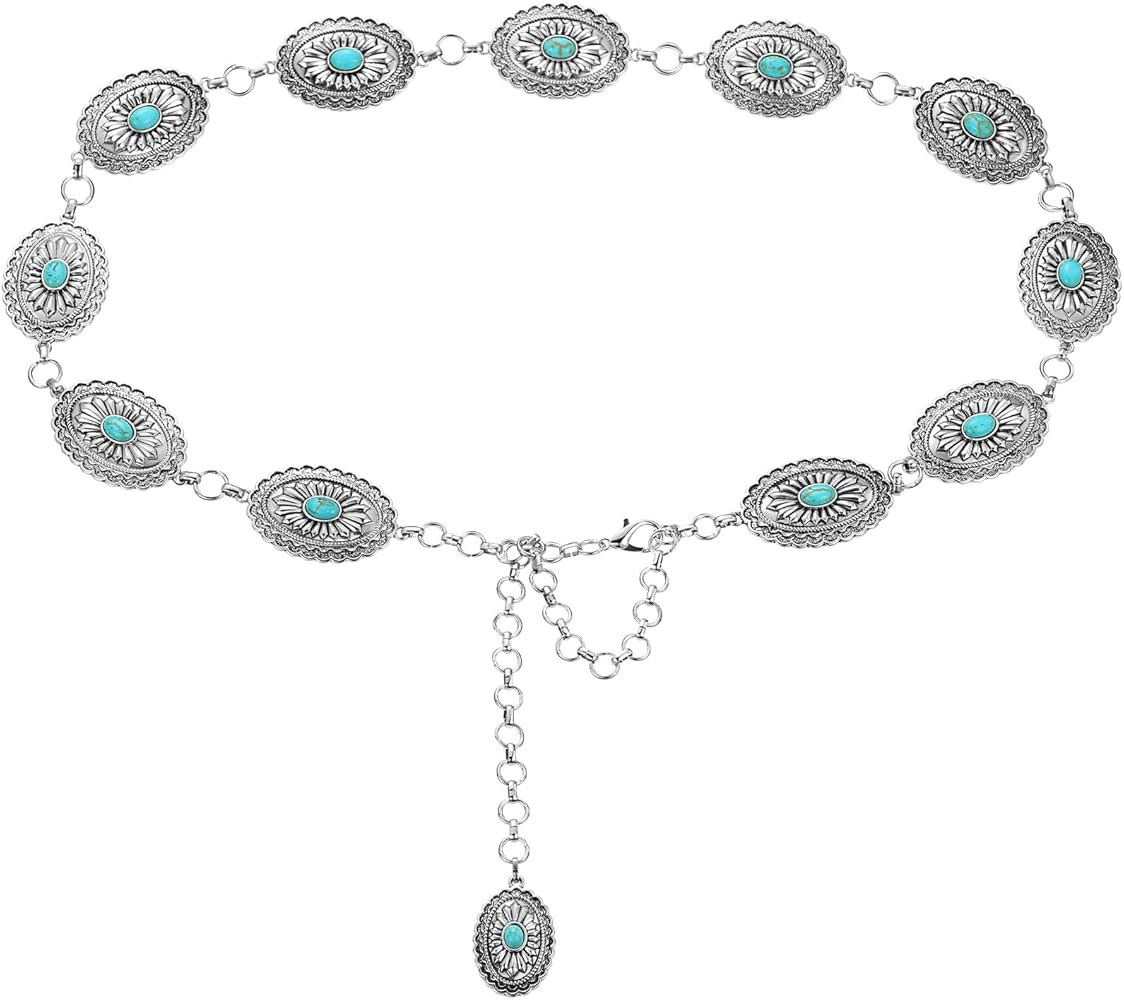 Tarpop Turquoise Belt for Women Western Concho Chain Belt Oval Round Flower Adjustable Metal Belt... | Amazon (US)