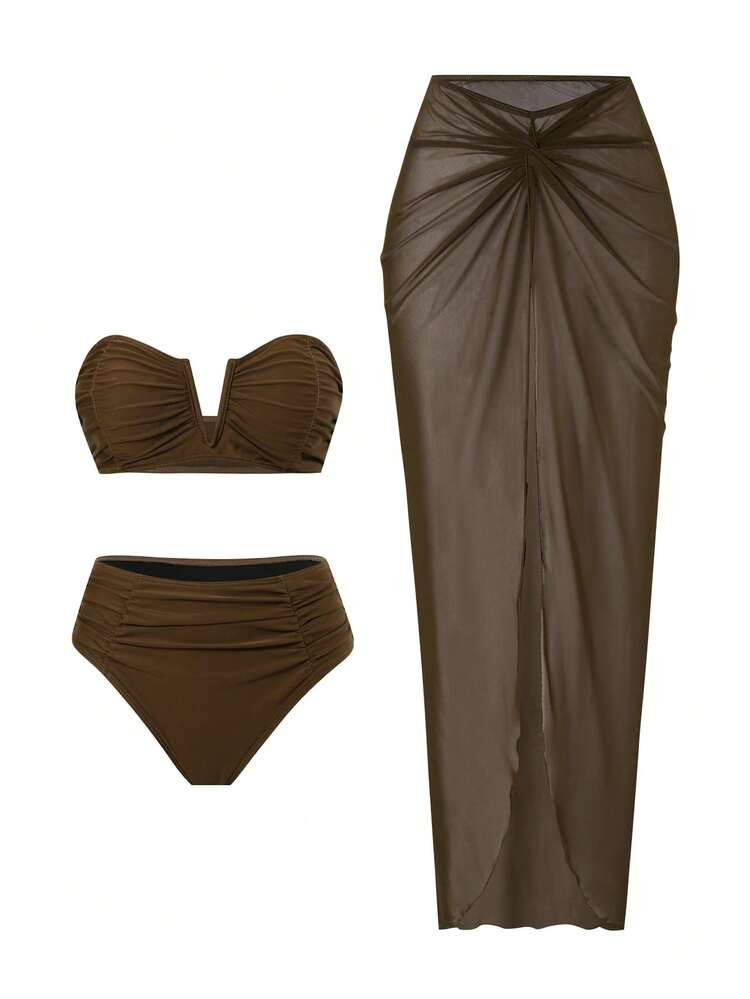 Swim Oasis 2026 New Spring/Summer Women Solid Color Bandeau Swimsuit, Swim Shorts, Mesh Maxi Dress Beach Resort Casual Swimwear Set Skirt Bikini Set Beach Skirt Set Curve Skirt Set Brown Two Piece Set Women Skirt Swimsuit Set | SHEIN