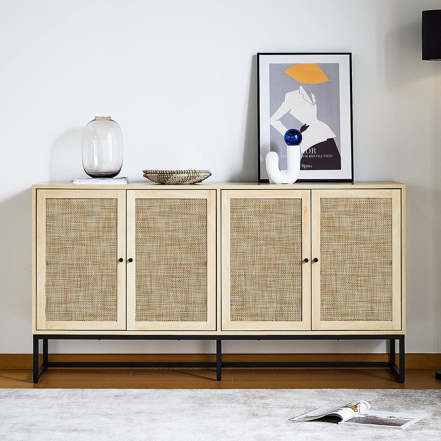 QEIUZON Modern Sideboard Cabinet, Accent Storage Cabinet with Rattan Doors and Adjustable Shelves... | Amazon (US)