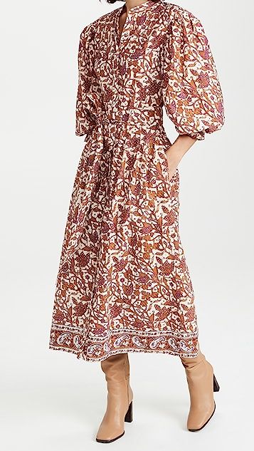 Mabel Khaki Puff Sleeve Midi Dress | Shopbop