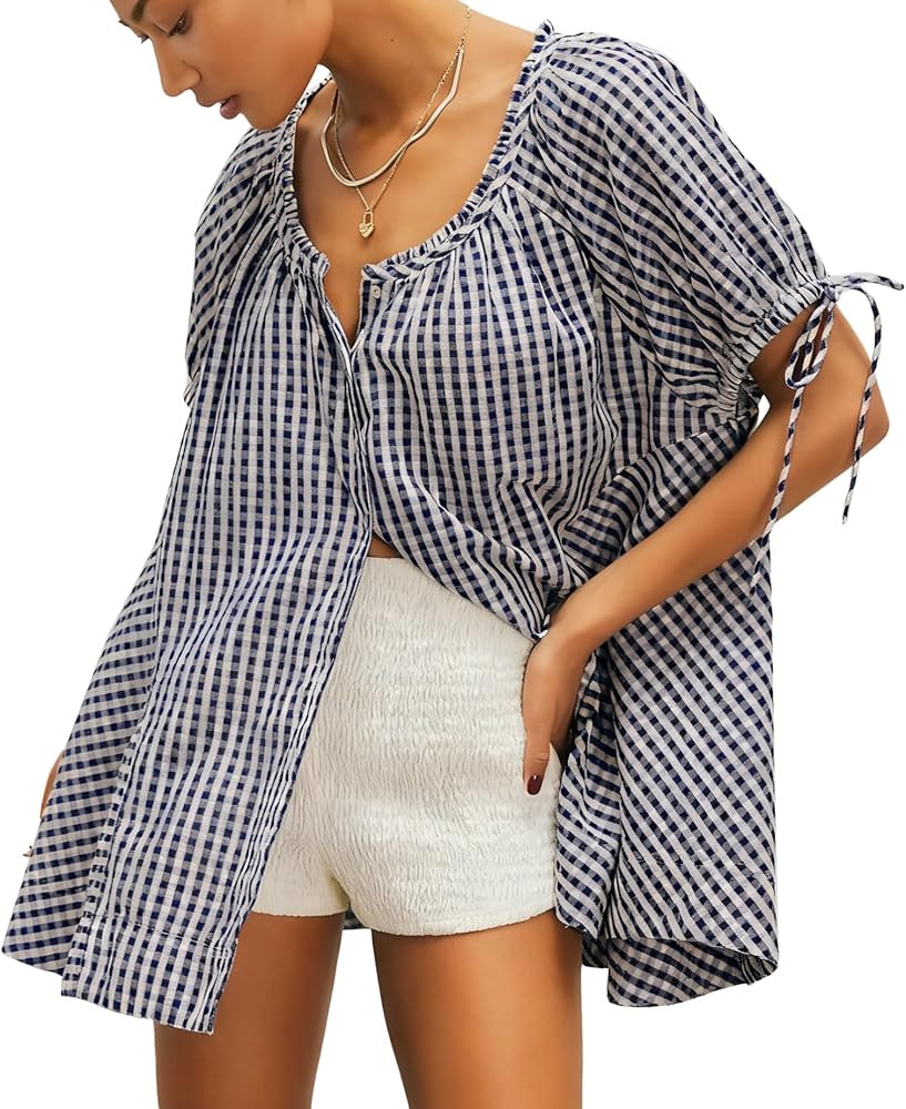 Womens Gingham Tunic Casual Puff Sleeve Pleated Scoop Neck Button Down Shirts Summer Tops Loose F... | Amazon (US)