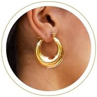 Chunky Gold Hoop Earrings for Women 14k Gold Plated Thick Triple Earrings | Amazon (US)