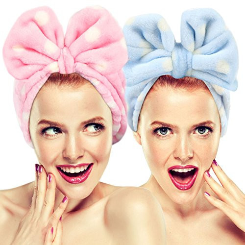 Hairizone Cute Makeup Headbands for Face Wash Shower Spa Elastic Head Band with Soft Big Bow Hair Band for Women Wrap (Pink/Blue) | Amazon (US)