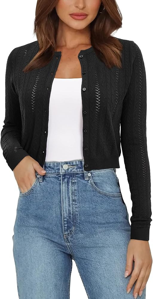 OUGES Womens Casual Crewneck Cropped Knit Cardigan Cute Crochet Long Sleeve Button Down Short Sweate | Amazon (US)
