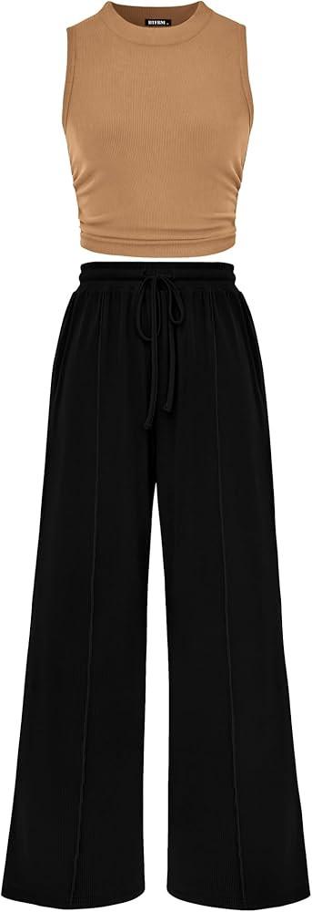 BTFBM Women Summer 2 Piece Outfits Ribbed Knit Crew Neck Sleeveless Cropped Top Elastic Waist Wid... | Amazon (US)