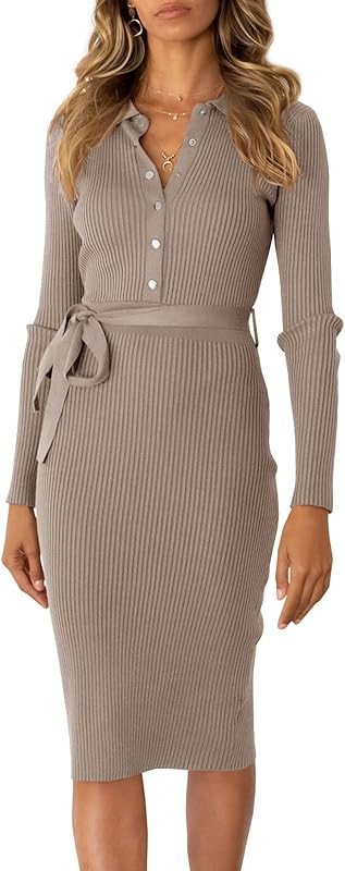 Lynwitkui Women's Long Sleeve V Neck Ribbed Sweater Dress Button Tie Waist Bodycon Stretchy Midi ... | Amazon (US)