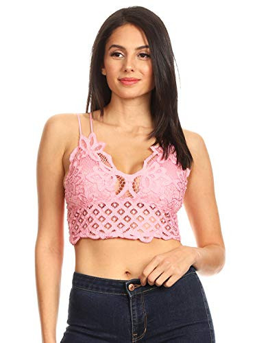 Anna-Kaci Women's Boho Floral Crochet Lace Adjustable Strap Bralette Bra Crop Bikini Tops, Pink, Small | Amazon (US)
