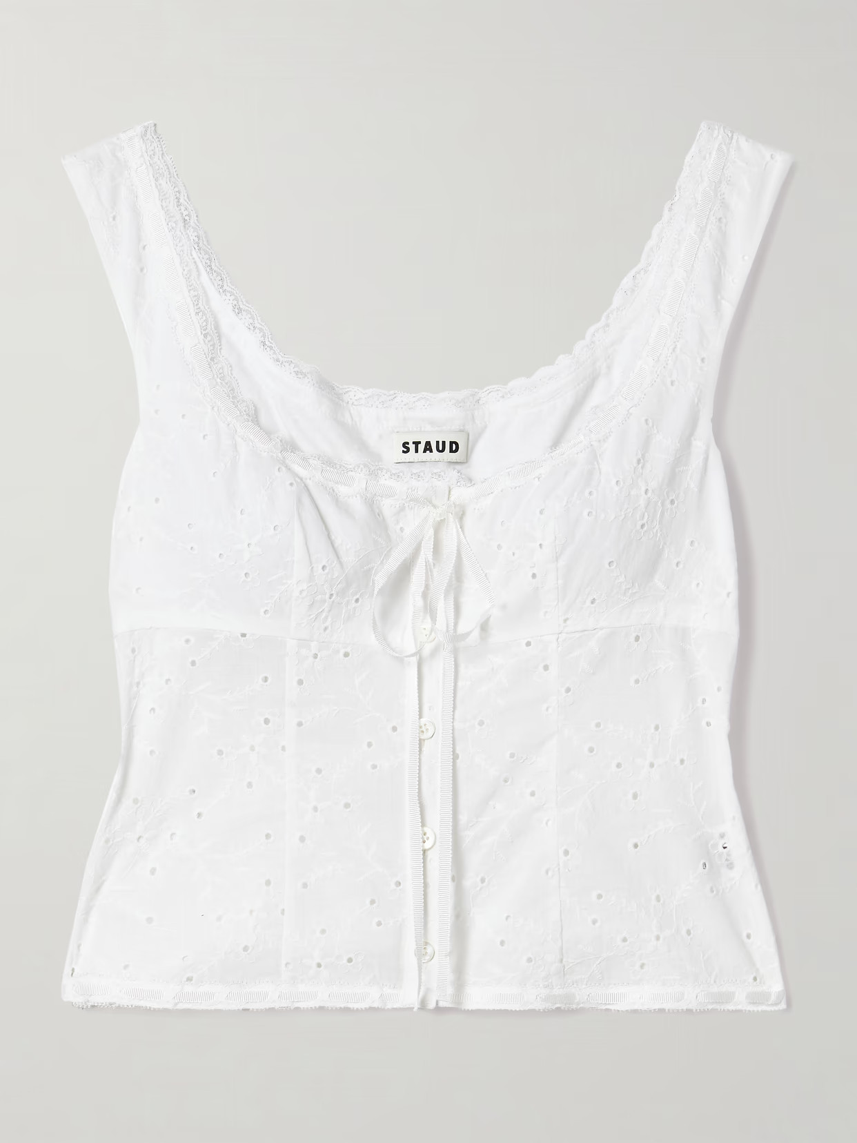 STAUD - Lou Lace-trimmed Broderie Anglaise Cotton Tank - White | NET-A-PORTER (US)