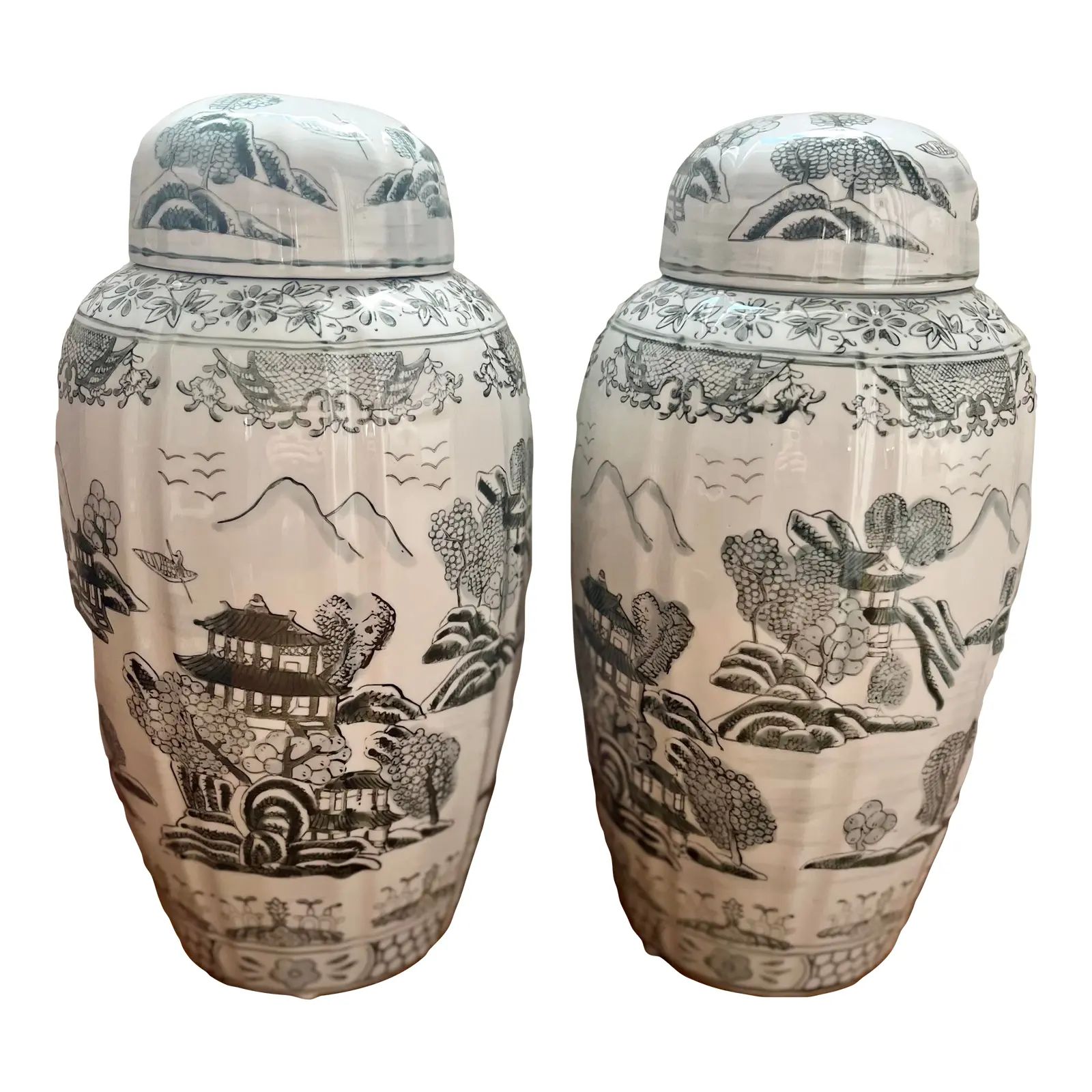 Late 20th Century Green and White Ginger Jars, a Pair | Chairish