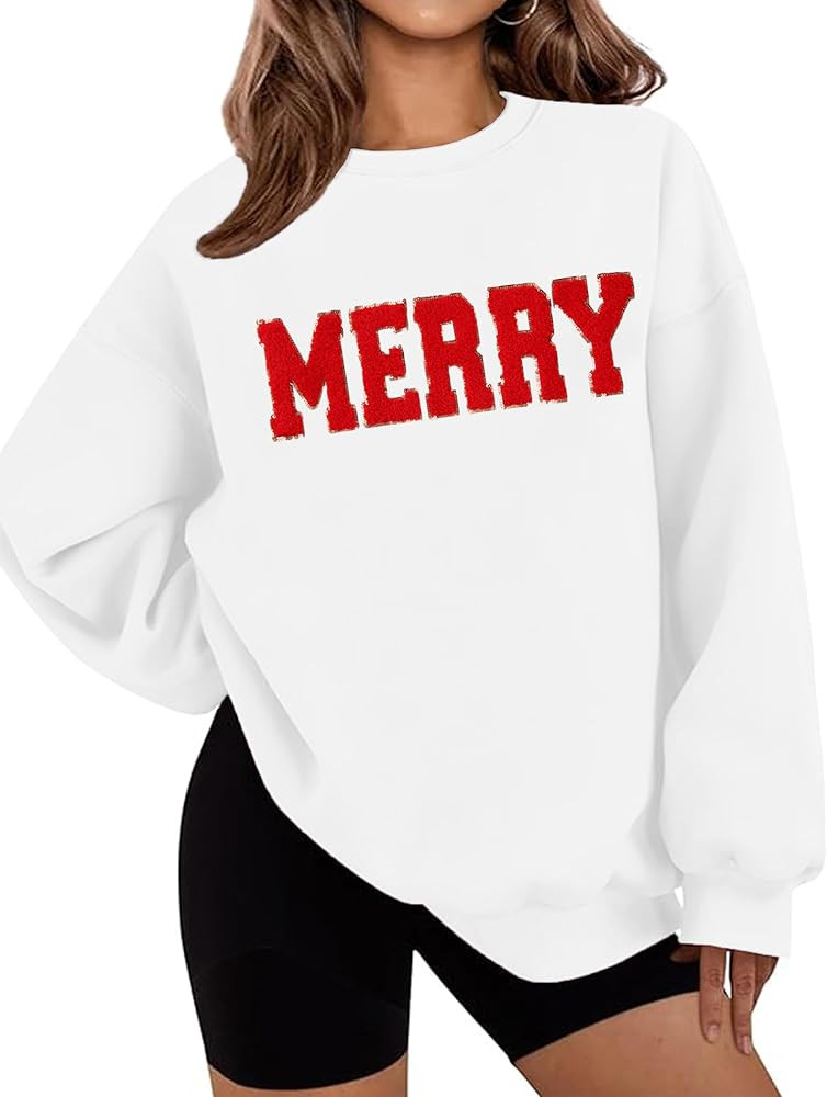 LETSEE Merry Sweatshirts for Women Christmas Chenille Patch Sequin Crewneck Sweaters Fleece Xmas ... | Amazon (US)