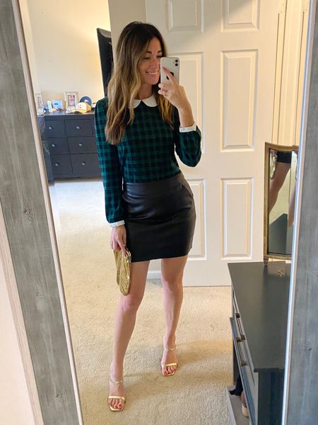 Holiday outfit / mini leather skirt and plaid Peter Pan collar top. Amazon finds. Gold heels complete the look. 

#LTKshoecrush #LTKfindsunder50 #LTKsalealert