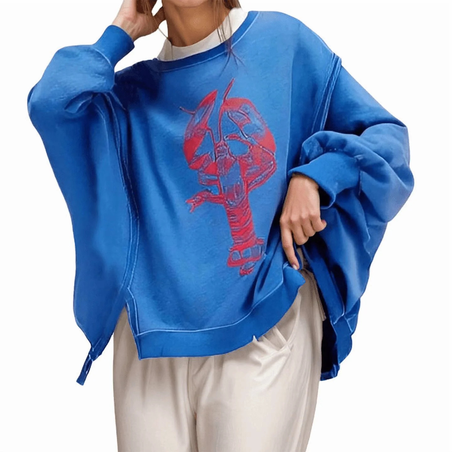 HOWPAY Oversized Sweatshirt for Women Casual Lightweight Lobster Print Crew Neck Drop Shoulder Lo... | Walmart (US)