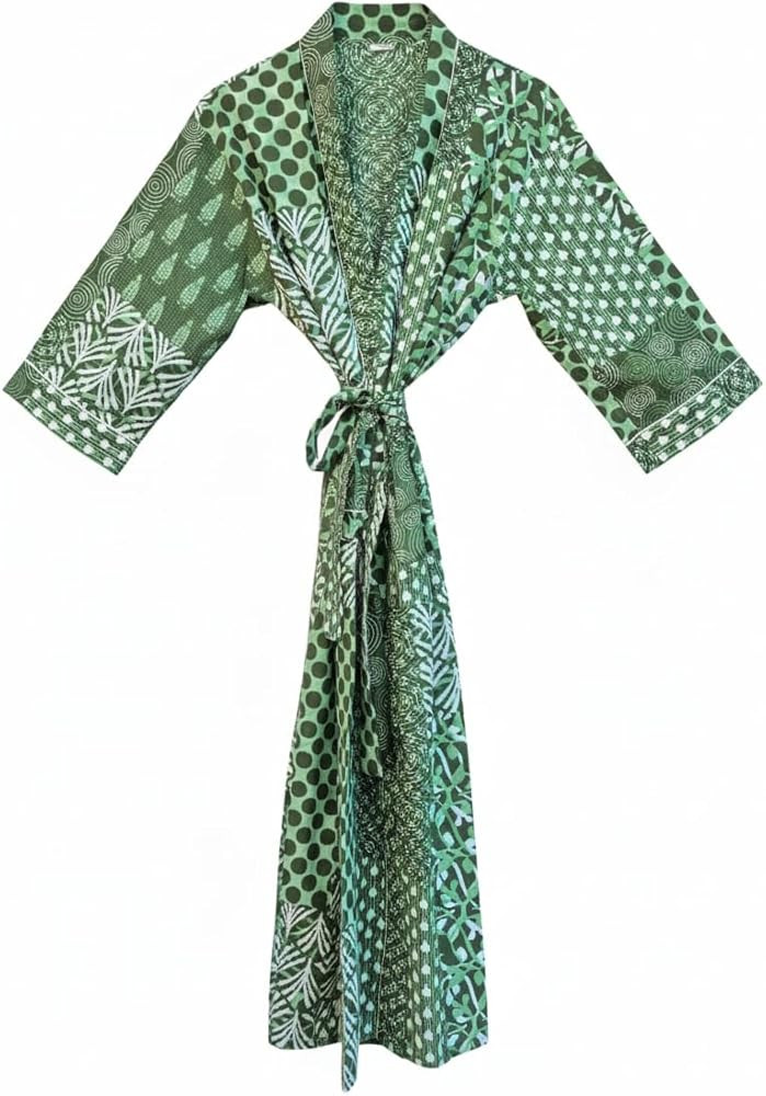 COTSILER Cotton Block Print Kimono Robe for Women Long Bathrobe with Belt & Pockets For Summer Li... | Amazon (US)