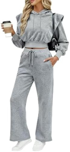 CHICME Womens 2 Piece Outfits 2025 Cropped Long Sleeve Hoodie and Wide Leg Sweatpants Set Fall Fa... | Amazon (US)