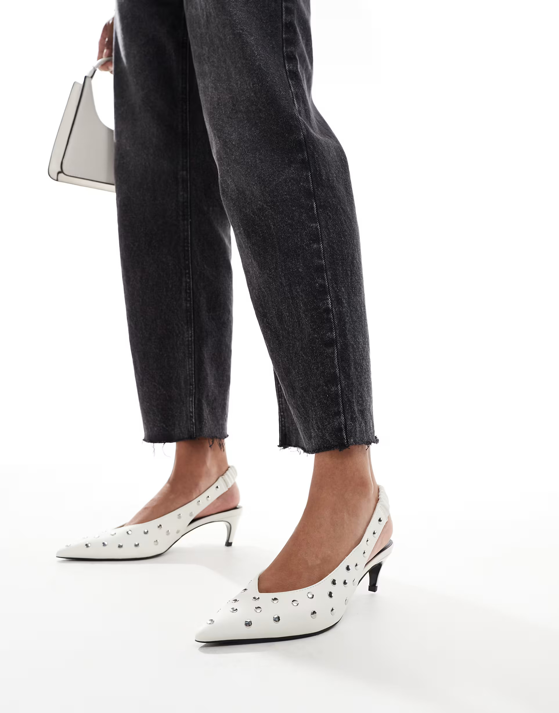 ASOS DESIGN Scene studded slingback kitten heeled shoes in white | ASOS (Global)