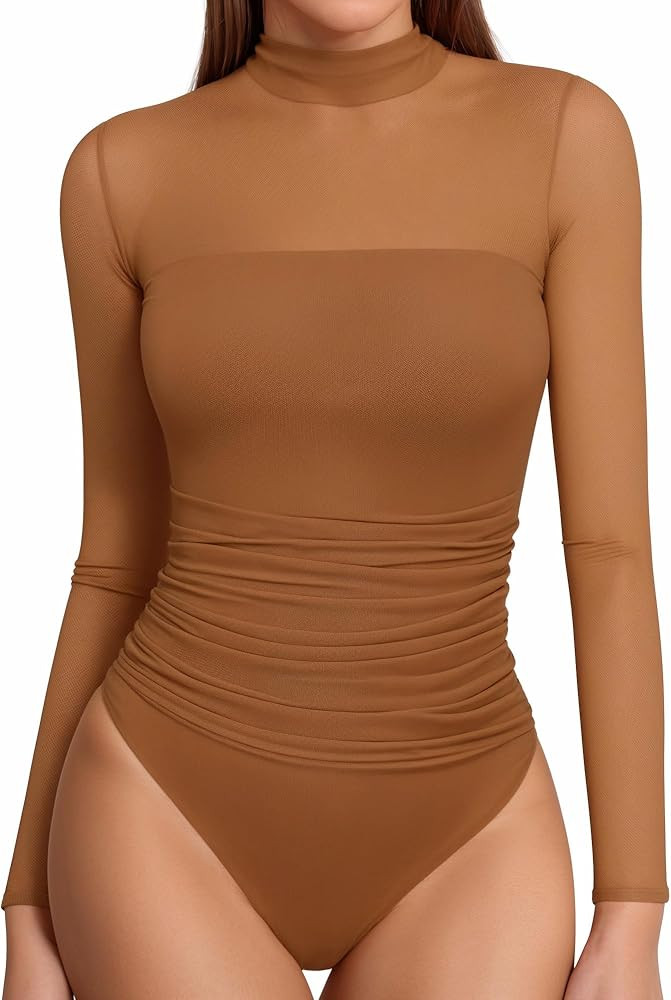 MANGOPOP Women's Mock Turtle Neck Bodysuit Mesh Long Sleeve Body Suit Sexy Ruched Sheer Going Out... | Amazon (US)