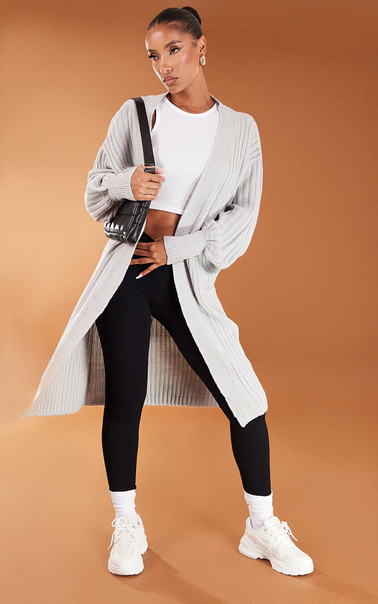 Grey Ribbed Knitted Midi Cardigan | PrettyLittleThing US