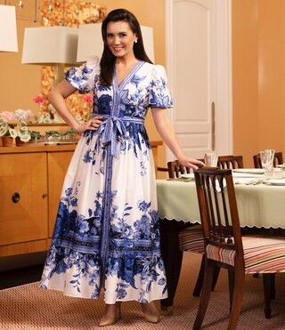 x Kimberly Whitman Kamilla V-Neck Short Puff Sleeve Button Front Tie Waist Floral Print Maxi Dres... | Dillard's